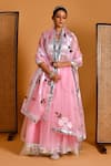 Buy_Bannhi_Pink Organza Embellished Gota Square Neck Border Lehenga Set _at_Aza_Fashions