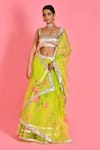 Shop_Bannhi_Green Cotton Hand Painted Floral Square Neck Lehenga Set _Online_at_Aza_Fashions