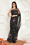 Buy_Bannhi_Black Organza Hand Painted Lotus Saree _at_Aza_Fashions