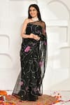 Shop_Bannhi_Black Organza Hand Painted Lotus Saree _Online_at_Aza_Fashions