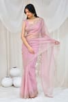 Buy_Bannhi_Rose Gold Organza Embroidery Aari Square Neck Floral Border Saree With Blouse _at_Aza_Fashions