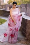 Buy_Bannhi_Pink Organza Hand Painted Rose Saree _at_Aza_Fashions