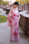 Buy_Bannhi_Pink Organza Hand Painted Rose Saree _Online_at_Aza_Fashions