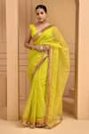 Buy_Bannhi_Green Organza Embellished Gota V Neck Border Saree With Blouse _at_Aza_Fashions