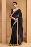 Buy_Bannhi_Black Georgette Embroidery Zardozi V Neck Border Saree With Blouse _at_Aza_Fashions