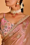 Buy_Bannhi_Pink Tissue Organza Embellished Sequin V Neck Floral Saree With Blouse 