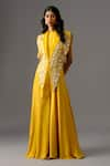 Shop_Vanshika Agarwal Label_Yellow Bamberg Silk Embroidery Thread Jumpsuit Round Mustard With Overlay _at_Aza_Fashions