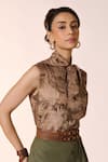 Buy_S&N by Shantnu Nikhil_Beige Twill Silk Print Vintage Safari Tie-up Collar Tie Up Top _Online_at_Aza_Fashions