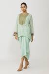 Neeta Bhargava_Blue Brocade, Cotton, Silk, Lycra Embroidery, Hand Yoke Kurta Draped Skirt Set _at_Aza_Fashions