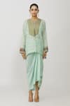 Buy_Neeta Bhargava_Blue Brocade, Cotton, Silk, Lycra Embroidery, Hand Yoke Kurta Draped Skirt Set _Online_at_Aza_Fashions