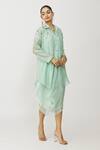 Neeta Bhargava_Blue Modal, Chanderi, Kota Doria, Asymmetric Hem Dress With Embroidered Jacket _at_Aza_Fashions