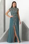 Eli Bitton_Blue Sequin (100% Polyester) Hand Embroidered Beads Closed Round Gown Set _Online_at_Aza_Fashions