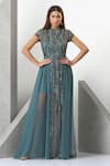 Buy_Eli Bitton_Blue Sequin (100% Polyester) Hand Embroidered Beads Closed Round Gown Set _Online_at_Aza_Fashions