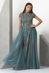 Eli Bitton_Blue Sequin (100% Polyester) Hand Embroidered Beads Closed Round Gown Set _at_Aza_Fashions