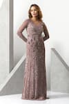 Buy_Eli Bitton_Purple Sequin (100% Polyester) Hand Embroidered V-neck Gown _at_Aza_Fashions