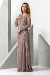 Eli Bitton_Purple Sequin (100% Polyester) Hand Embroidered V-neck Gown _at_Aza_Fashions