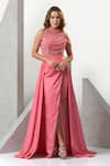 Buy_Eli Bitton_Pink Sequin (100% Polyester) Hand Embroidered Pearl High Princess Sheer Gown _at_Aza_Fashions