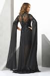 Eli Bitton_Black Sequin(100% Polyester) Hand Embroidered Beads High Neck Leaf Draped Gown _Online_at_Aza_Fashions