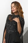 Shop_Eli Bitton_Black Sequin(100% Polyester) Hand Embroidered Beads High Neck Leaf Draped Gown _at_Aza_Fashions