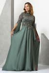 Shop_Eli Bitton_Green Sequin(100% Polyester) Hand Embroidered Beads Leaf Pattern Draped Gown _Online_at_Aza_Fashions