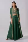 Buy_Blue Lotus Design_Green Georgette Embroidered Floral Cape Open Embellished Border Palazzo Set _at_Aza_Fashions