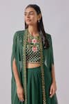 Buy_Blue Lotus Design_Green Georgette Embroidered Floral Cape Open Embellished Border Palazzo Set _Online_at_Aza_Fashions