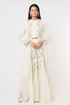 Buy_Blue Lotus Design_Ivory Raw Silk Embroidered Floral Cape Open Frilled Pant Set _at_Aza_Fashions