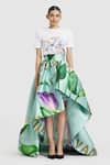 Buy_Gauri & Nainika_Blue Mikado Printed Lisianthus High-low Skirt _at_Aza_Fashions