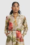 Gauri & Nainika_Brown Chanderi Printed Carnation Collar Pattern Shirt _at_Aza_Fashions