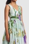 Buy_Gauri & Nainika_Blue Chanderi Printed Lisianthus V Neck Front Tie-up Midi Dress _Online_at_Aza_Fashions