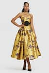 Buy_Gauri & Nainika_Yellow Mikado Printed Toile Criss-cross Midi Dress _at_Aza_Fashions