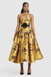 Gauri & Nainika_Yellow Mikado Printed Toile Criss-cross Midi Dress _Online_at_Aza_Fashions