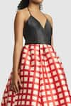 Shop_Gauri & Nainika_Black Mikado Checks Plunge Pattern Midi Dress _Online_at_Aza_Fashions