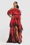 Buy_Gauri & Nainika_Red Organza Ruffle Cold Shoulder Detailed Asymmetric Dress _at_Aza_Fashions