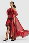 Buy_Gauri & Nainika_Red Organza Ruffle Cold Shoulder Detailed Asymmetric Dress _Online_at_Aza_Fashions