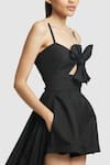 Buy_Gauri & Nainika_Black Cotton Solid Plunge Knot Detailed Romper With Attached Trail _Online_at_Aza_Fashions