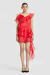 Buy_Gauri & Nainika_Red Pure Organza Solid Leaf Neck Ruffled Short Shift Dress _at_Aza_Fashions