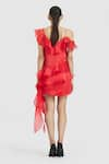 Shop_Gauri & Nainika_Red Pure Organza Solid Leaf Neck Ruffled Short Shift Dress _at_Aza_Fashions