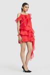 Gauri & Nainika_Red Pure Organza Solid Leaf Neck Ruffled Short Shift Dress _Online_at_Aza_Fashions