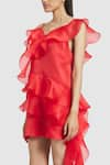 Buy_Gauri & Nainika_Red Pure Organza Solid Leaf Neck Ruffled Short Shift Dress _Online_at_Aza_Fashions