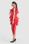 Shop_Gauri & Nainika_Red Pure Organza Solid Leaf Neck Ruffled Short Shift Dress _Online_at_Aza_Fashions