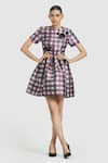 Buy_Gauri & Nainika_Purple Mikado Print Checkered High Neck Sequin Rose Embroidered Dress _at_Aza_Fashions