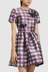 Buy_Gauri & Nainika_Purple Mikado Print Checkered High Neck Sequin Rose Embroidered Dress _Online_at_Aza_Fashions