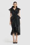 Buy_Gauri & Nainika_Black Organza Solid Shawl Collar Wrap Midi Dress _at_Aza_Fashions