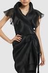 Gauri & Nainika_Black Organza Solid Shawl Collar Wrap Midi Dress _Online_at_Aza_Fashions