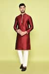 Buy_Arihant Rai Sinha_Maroon Silk Plain Mandarin Collar Kurta With Pant _at_Aza_Fashions