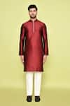 Buy_Arihant Rai Sinha_Maroon Silk Plain Mandarin Collar Kurta With Pant _Online_at_Aza_Fashions