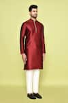 Arihant Rai Sinha_Maroon Silk Plain Mandarin Collar Kurta With Pant _at_Aza_Fashions