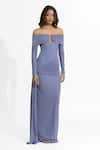 Buy_Deme by Gabriella_Blue Malai Lycra Plain Off Shoulder Aleksy Draped Dress _at_Aza_Fashions