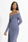 Shop_Deme by Gabriella_Blue Malai Lycra Plain Off Shoulder Aleksy Draped Dress _at_Aza_Fashions